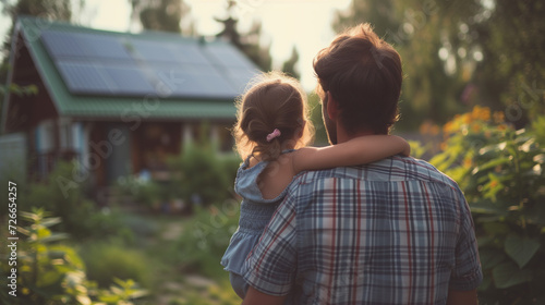 A father holds his young daughter, looking towards their eco-friendly home with a solar-paneled roof, symbolizing hope for the future.
