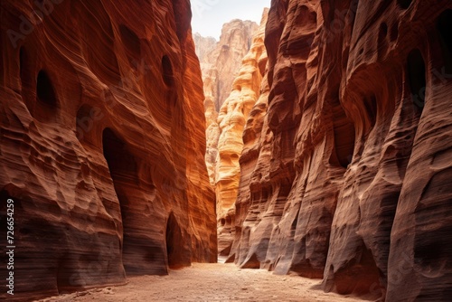 This image captures a narrow slot in the side of a canyon, revealing the fascinating geological formations within, The Siq in Petra, Jordan, AI Generated