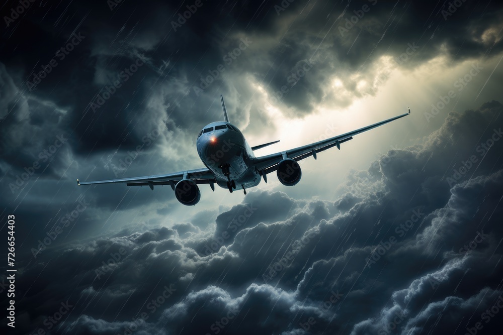 Fototapeta premium An airplane is soaring through the sky surrounded by thick, billowy clouds, The plane flies during a storm, AI Generated