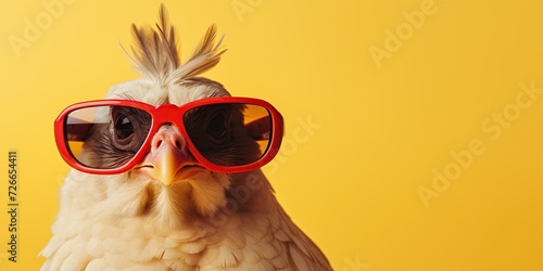 Chicken wearing sunglasses isolated on solid color background, copy space for text. photo