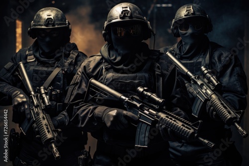 A group of soldiers holding guns, ready for action, Three soldiers in full combat gear, wearing masked faces and carrying guns, AI Generated