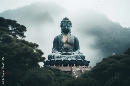 A strikingly beautiful, large Buddha statue peacefully resides atop a sprawling green hillside, Tian Tan Buddha in Hong Kong, AI Generated