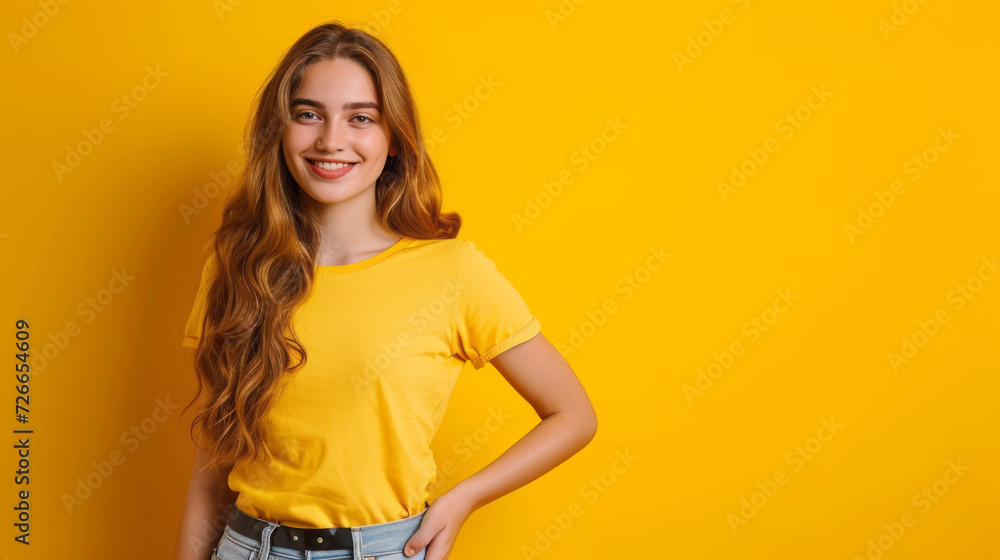 smiling young woman with long wavy hair is standing confidently with her hands on her hips against a vibrant yellow background smiling young woman with long wavy hair is standing confidently with her hands on her hips against a vibrant yellow background
