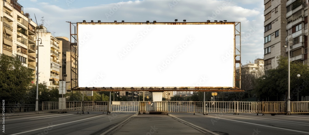 A large empty white billboard is attached to a metal fence on a city street.