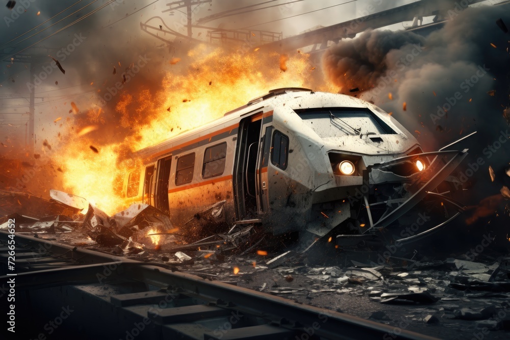 Intense image capturing the moment a train becomes engulfed in flames while traveling on a train track, Train crashes into a car, AI Generated Intense image capturing the moment a train becomes engulfed in flames while traveling on a train track, Train crashes into a car, AI Generated
