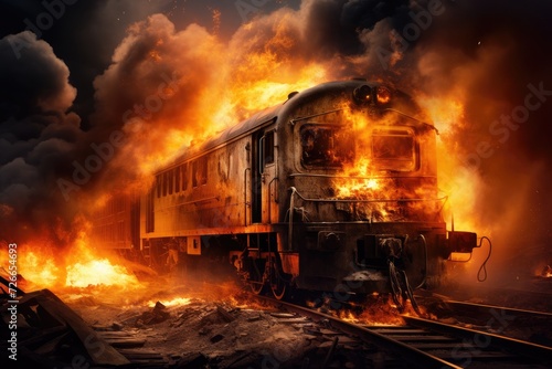 A blazing train races along the train track, engulfed in flames, creating a scene filled with chaos, destruction, and imminent peril, Train on fire, disaster, AI Generated