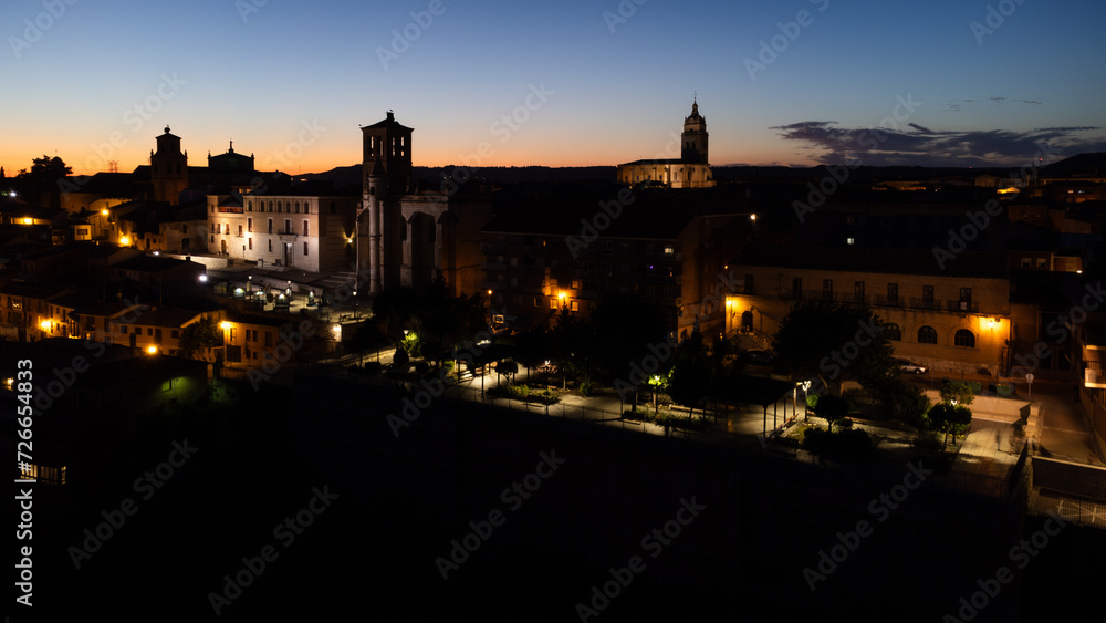 Night view of Tordesillas, Valladolid-Spain, as seen from a drone at dusk.