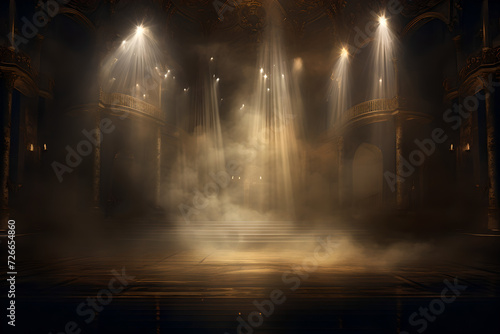 An empty stage with illuminated bright spotlights and a smoke effect   There is empty space in the stage background for copy space and text 