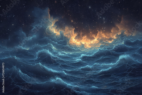 An artistic interpretation of a dream state, with soft, flowing waves blending into a starry sky. Concept of dreams and subconscious exploration. Generative Ai.