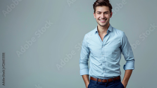 young man is smiling and posing for the camera wearing a smart casual blue shirt, looking relaxed and confident