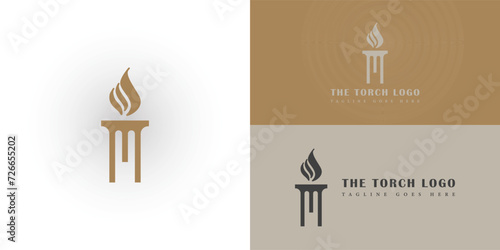 Initial Letter T Burning Torch Fire Flame with Pillar column logo design presented with multiple white and gold background colors. The logo is suitable for the sports industry logo design inspiration 