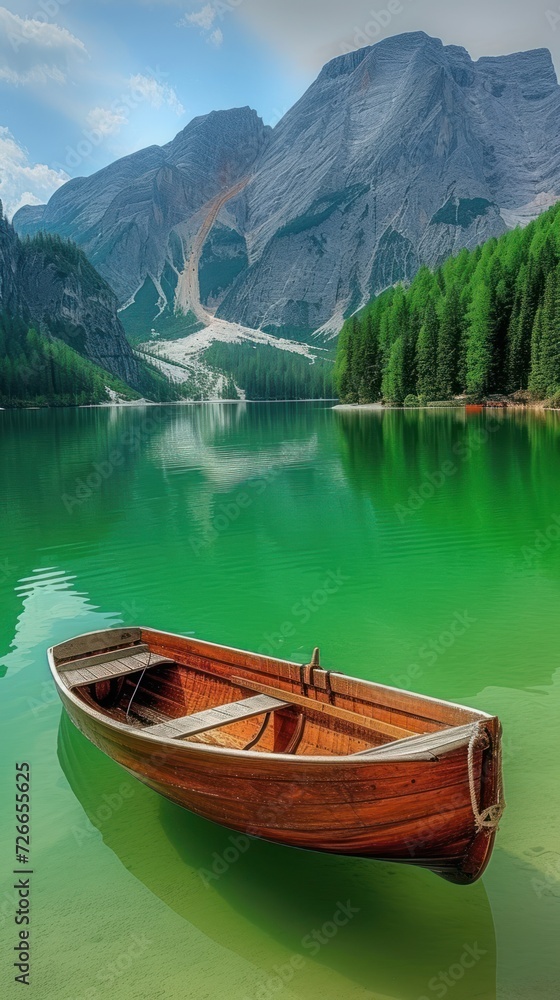 Lonely wooden boat on the lake. Majestic mountains and pristine emerald waters reflect the natural beauty of the pine forest that lines its shores.