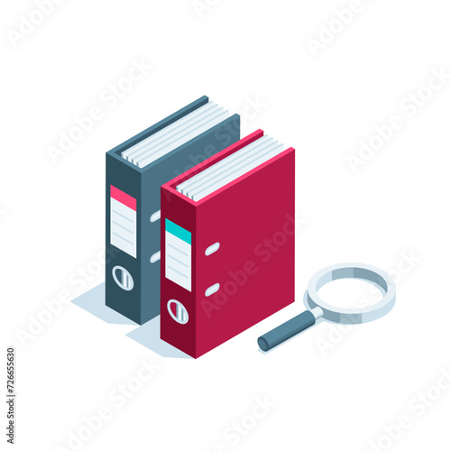 isometric folders with documentation and magnifying glass, in color on a white background, work with documents or office stationery and statistical data