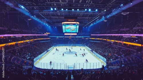 Large modern ice hockey arena. Big game stadium. Professional sport rink. World championship match. Skating tournament. Many fans cheer players. People watch hockey game competition. Neon light. photo
