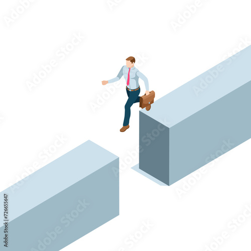 isometric business man jumping over an abyss, in color on a white background, overcoming obstacles in business and risks