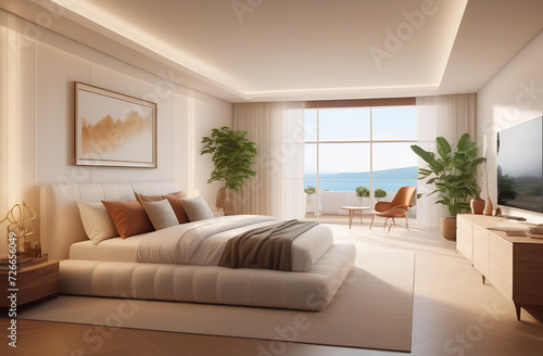 Classic luxury room interior in white and beige shades. Bed  large window