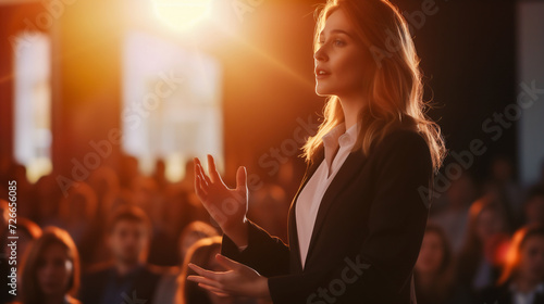 Business woman speaking and presenting with giving a dynamic confidently to a diverse audience and captivating them with her confident demeanor. photo