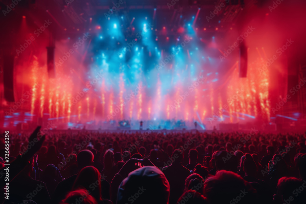 A vertical photo of a concert, capturing both the stage and the audience in one frame. Concept of event photography optimized for mobile viewing. Generative Ai.