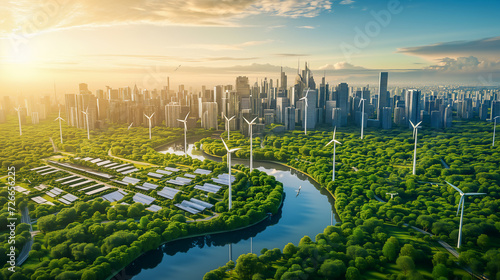 Innovative city with solar panels advanced, wind turbines and trees around the city, harnessing renewable energy sources and clean energy to power the metropolis sustainably. photo
