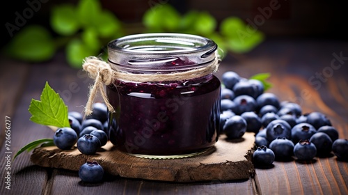 A glass jar displays juicy blueberry jam in vibrant hues and appealing texture. Blueberry jam in a gastronomic delight on rustic wood. Visually appetizing blueberry jam.