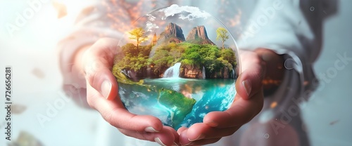 Conservationist shows beautiful scenery. Icon. A world with beautiful scenery in hand. Hologram. Love the world. Generative AI.