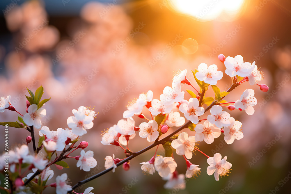 Fototapeta premium Spring background with blossoming cherry branch, sakura and bokeh. Generated by artificial intelligence