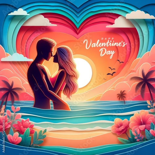 Valentine s day background with couple in love  Paper art