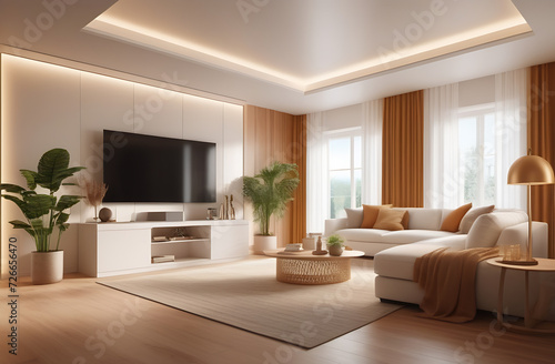 Classic luxury room interior in white and beige shades. Bed, large window