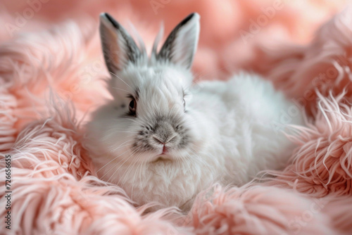 Fluffy White Bunny on Peach Fur.  A soft white rabbit nestled in fluffy peach-colored fur. © CreativeArt