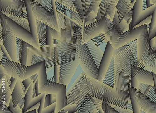 Dark linear peaked background in green-gray-golden tones for interiors or fabrics. Futuristic backdrop for business or architectural concepts, textiles, prints, covers, textures, scrapbooking or tiles
