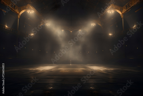 An empty stage with illuminated bright spotlights and a smoke effect , There is empty space in the stage background for copy space and text 
