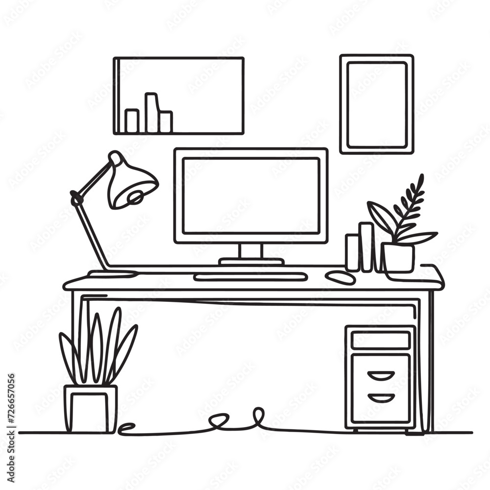 Workplace in continuous one line art style. Office desk with monitor and a chair. Simple vector illustration. Workplace in continuous one line art style. Office desk with monitor and a chair. Simple vector illustration.