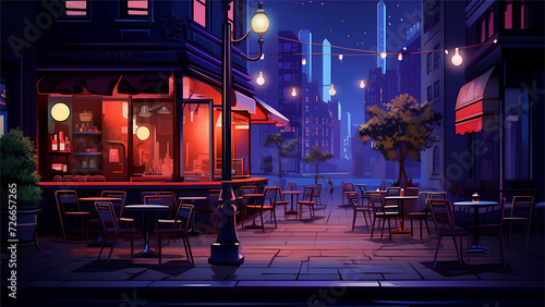 Night street cafe with tables, chairs and lanterns. Vector illustration.