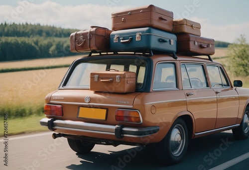travelers' suitcases on the roof of an antique car driving along the road. The concept of memory