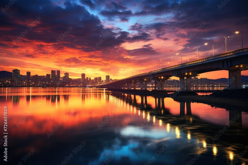 A serene bridge spanning a tranquil body of water, seamlessly uniting two picturesque landscapes, Twilight sunset at Han River, Seoul, Korea, AI Generated A serene bridge spanning a tranquil body of water, seamlessly uniting two picturesque landscapes, Twilight sunset at Han River, Seoul, Korea, AI Generated