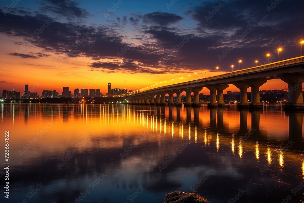 A stunning bridge spanning a picturesque body of water, providing easy access to the opposite shore, Twilight sunset at Han River, Seoul, Korea, AI Generated A stunning bridge spanning a picturesque body of water, providing easy access to the opposite shore, Twilight sunset at Han River, Seoul, Korea, AI Generated