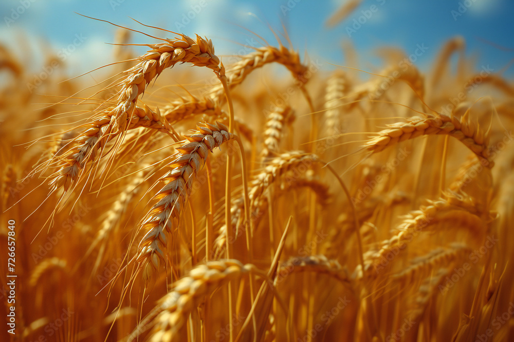 Closeup of golden ears wheat field on the background of the sunlight. Rural landscape agriculture concept. Closeup of golden ears wheat field on the background of the sunlight. Rural landscape agriculture concept.