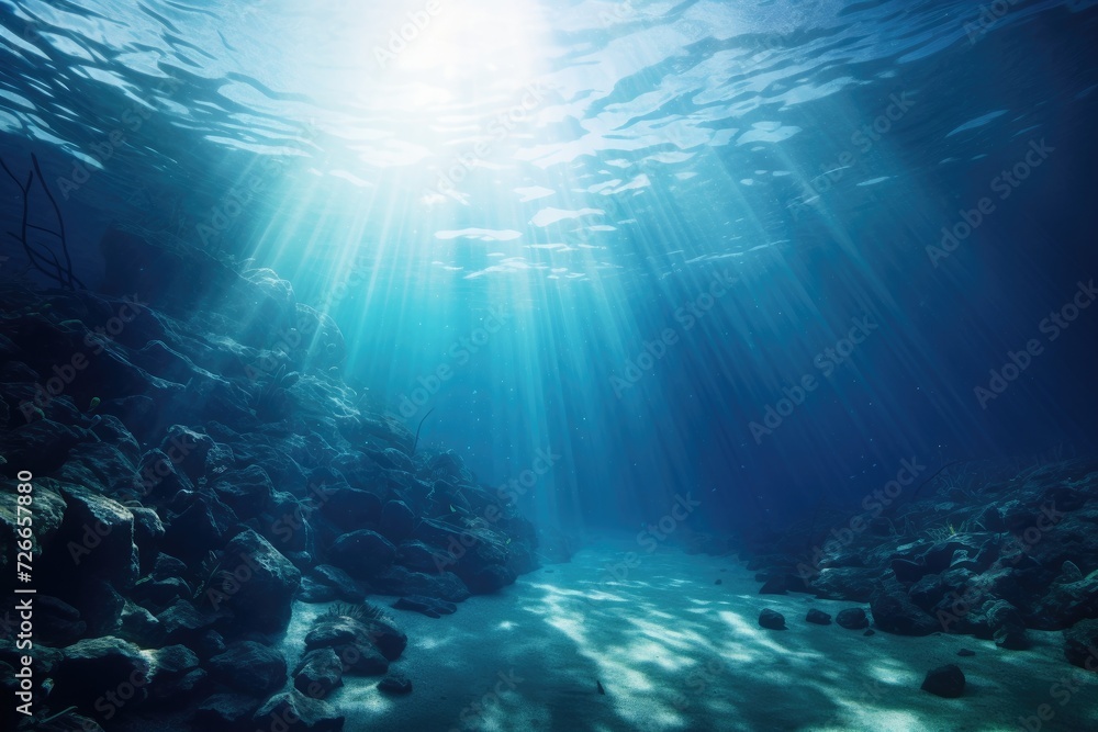 A mesmerizing view of the deep blue ocean illuminated by sunlight streaming through the water, Underwater sea, deep water abyss with blue sunlight, AI Generated