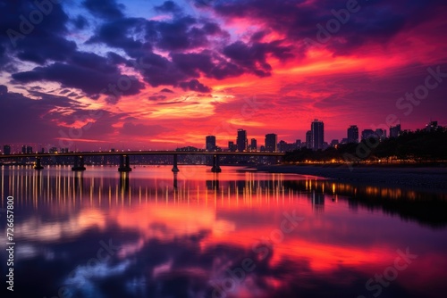 A breathtaking sunset scene unfolds as the vibrant sky casts its warm hues over a calm body of water, Twilight sunset at Han River, Seoul, Korea, AI Generated