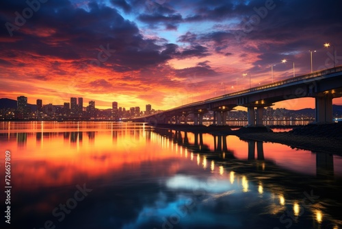 A serene bridge spanning a tranquil body of water, seamlessly uniting two picturesque landscapes, Twilight sunset at Han River, Seoul, Korea, AI Generated