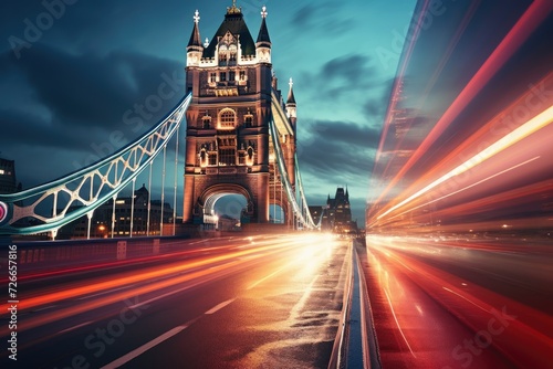 A captivating long exposure photograph showcasing the iconic Tower Bridge illuminated against the nighttime sky, UK, London, Tower Bridge at night, AI Generated