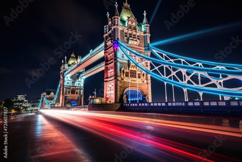 A mesmerizing long exposure shot capturing the serenity of Londons iconic Tower Bridge illuminated at night, UK, London, Tower Bridge at night, AI Generated