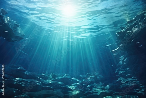 A vast number of fish swim together in a mesmerizing display of movement and unity under the clear blue water, Underwater sea, deep water abyss with blue sunlight, AI Generated