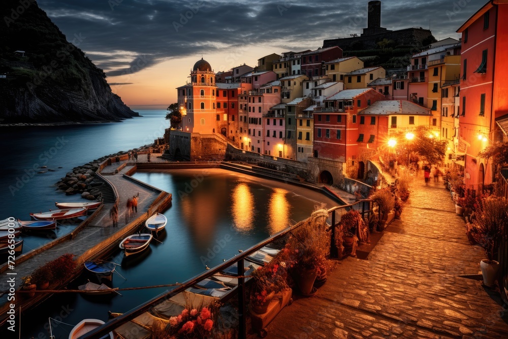 A serene and picturesque small town nestled by the water under a starry night sky, Vernazza village, Cinque Terre National Park, Italy, AI Generated