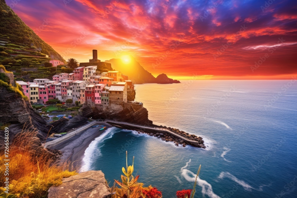A stunning sunset illuminating the ocean and highlighting beautiful houses perched on a cliff, Vernazza village and stunning sunrise, Cinque Terre, Italy, Europe, AI Generated