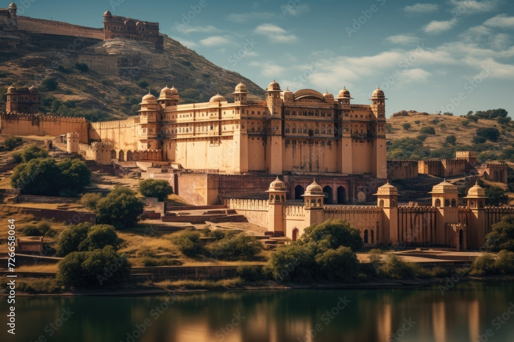 A breathtaking sight of a grand castle perched atop a hill, commanding a stunning view of the nearby lake, View of Amber Fort in Jaipur, India, AI Generated A breathtaking sight of a grand castle perched atop a hill, commanding a stunning view of the nearby lake, View of Amber Fort in Jaipur, India, AI Generated