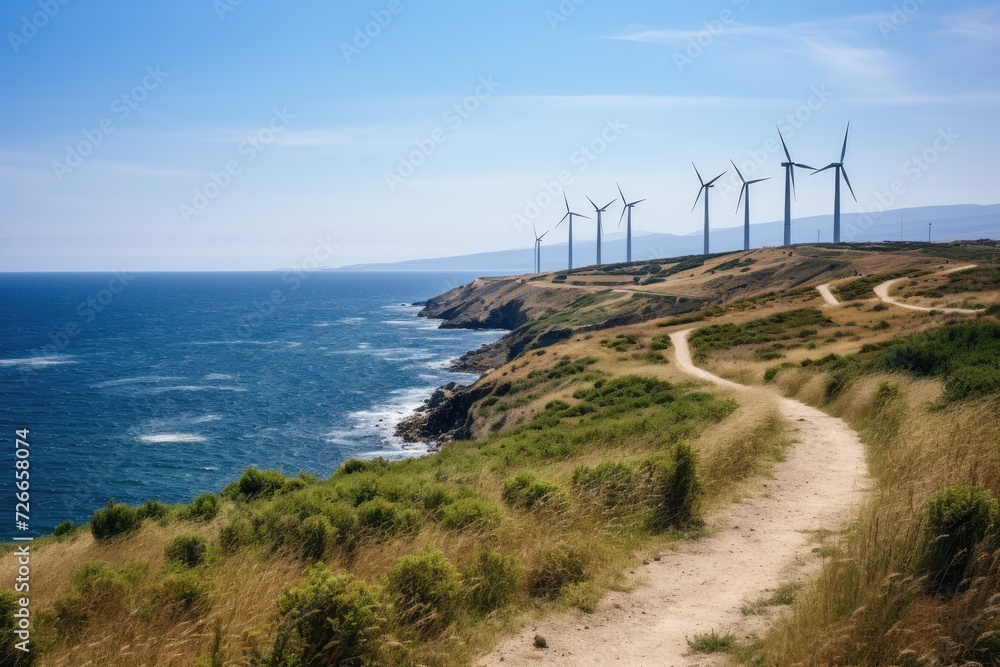 A picturesque dirt road winds down a gentle slope as it runs parallel to the beautiful ocean, View from Cape Kaliakra to an offshore wind farm in Bulgaria, AI Generated