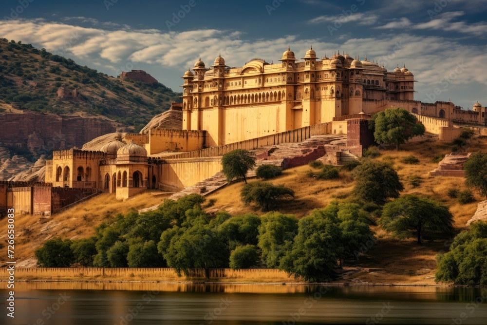 An elegant castle graces the peak of a hill in the presence of a tranquil body of water, View of Amber Fort in Jaipur, India, AI Generated
