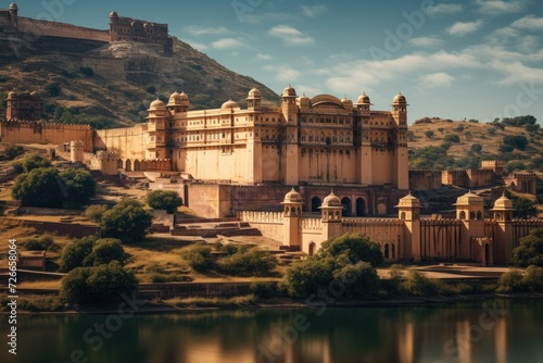 A breathtaking sight of a grand castle perched atop a hill, commanding a stunning view of the nearby lake, View of Amber Fort in Jaipur, India, AI Generated
