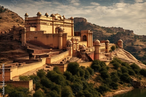 A stunning image of a grand castle situated atop a hill, providing a captivating view of the surrounding body of water, View of Amber Fort in Jaipur, India, AI Generated